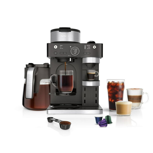 Système à expresso et café Ninja Barista CFN601C, cafetière à une tasse et compatible avec capsules Nespresso, carafe de 12 tasses, mousseur à lait intégré, machine à expresso, cappuccino et latté, noir et acier inoxydable