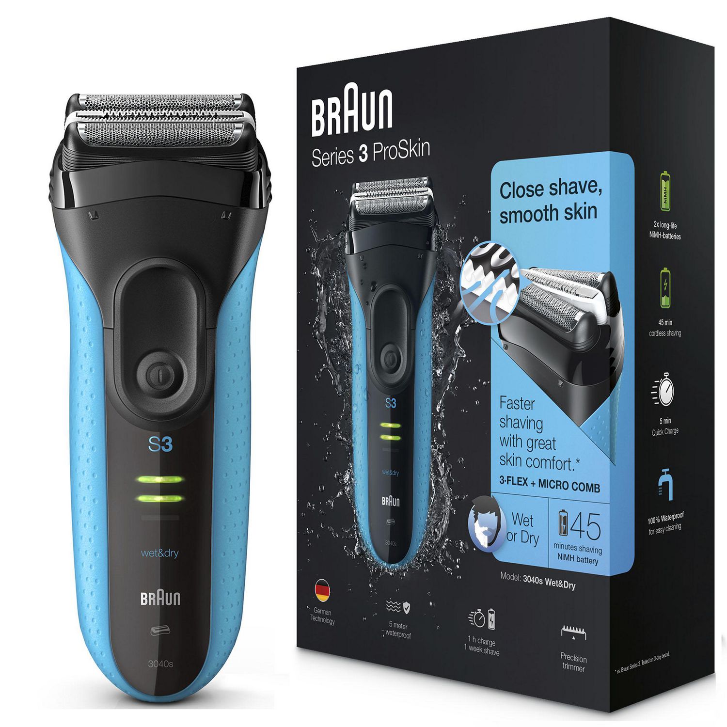 and Wet Men, 1 Shaver, for Set Black/Blue, 3-in-1 Proskin Braun Dry Razor Shave&Style Series Electric 3