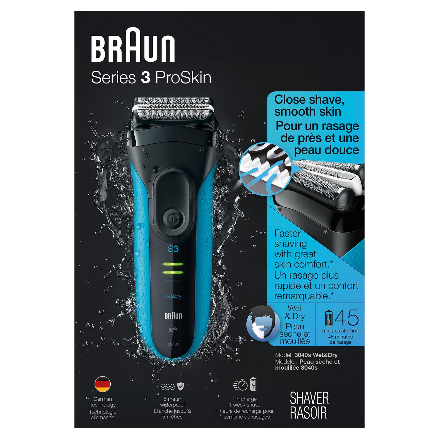 Braun Series 3 Proskin for Men, Wet Electric 3-in-1 Set 1 Shave&Style Shaver, Dry Black/Blue, Razor and