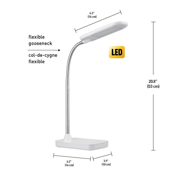 Lampe de bureau DEL à intensité variable avec col de cygne - 32 cm - 3 W -  USB - Blanc