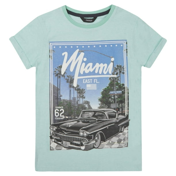 T-shirt vert à imprimé « Miami » et voiture George British Design pour garçons