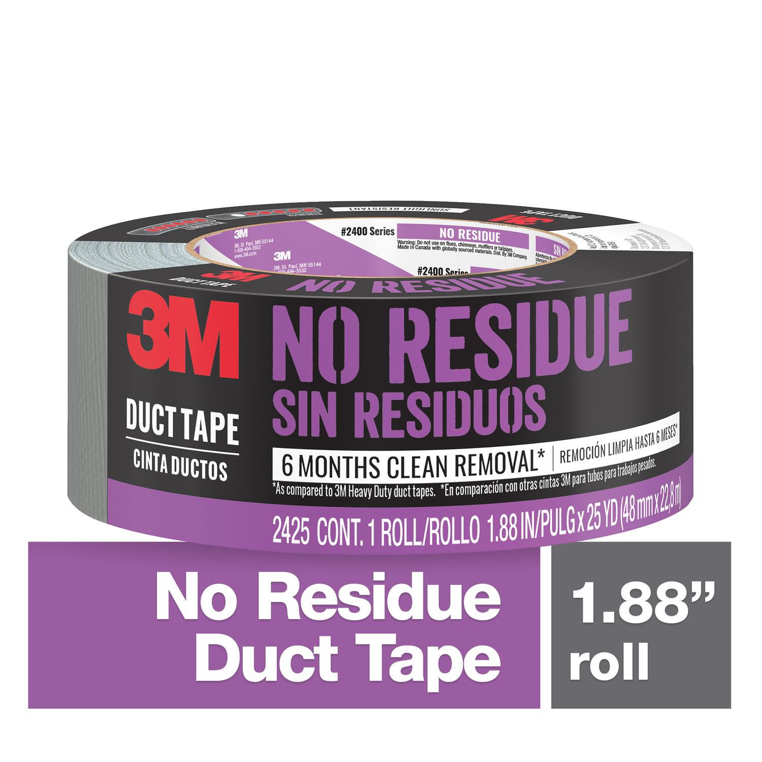 3M No Residue Duct Tape, 1.88 in x 25 yd (48 mm x 22.8 m), 1 Roll