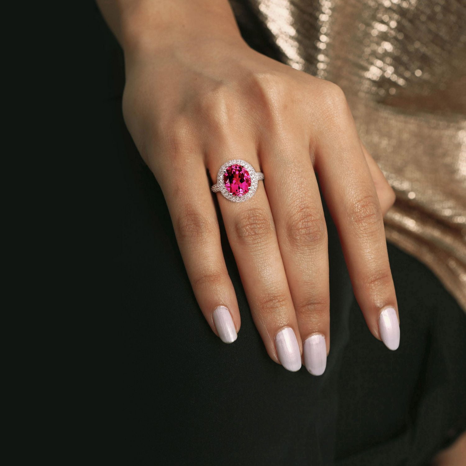Miabella 7-1/7 Carat T.G.W. Pink Topaz and Created White Sapphire Sterling Silver Double Halo Ring