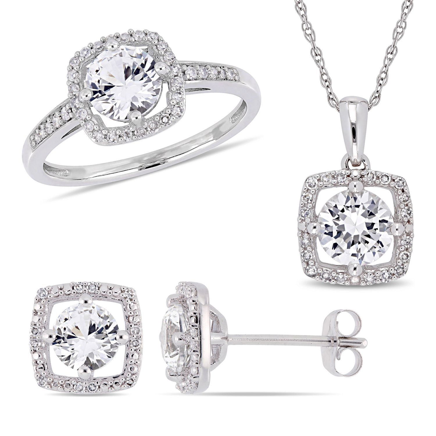 Miabella 3-Piece Set 3-1/3 Carat T.G.W. Created White Sapphire and 1/3 Carat T.W. Diamond 10K White Gold Square Halo Earrings, Necklace and Ring