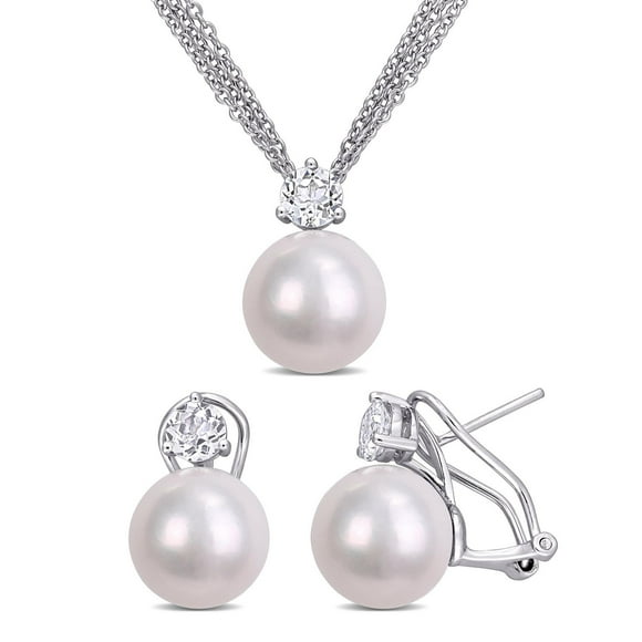 Ensemble 2PC Boucles d’oreilles et Collier de Miabella avec Perle de culture d’eau douce et 1-3/4 Carat PBT de Topaze Blanche en Argent Sterling