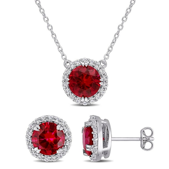 Ensemble 2PC Boucles d’oreilles et Collier à auréole de Miabella avec 8-1/3 Carat PBT de rubis synthétique et Saphir Blanc en Argent Sterling
