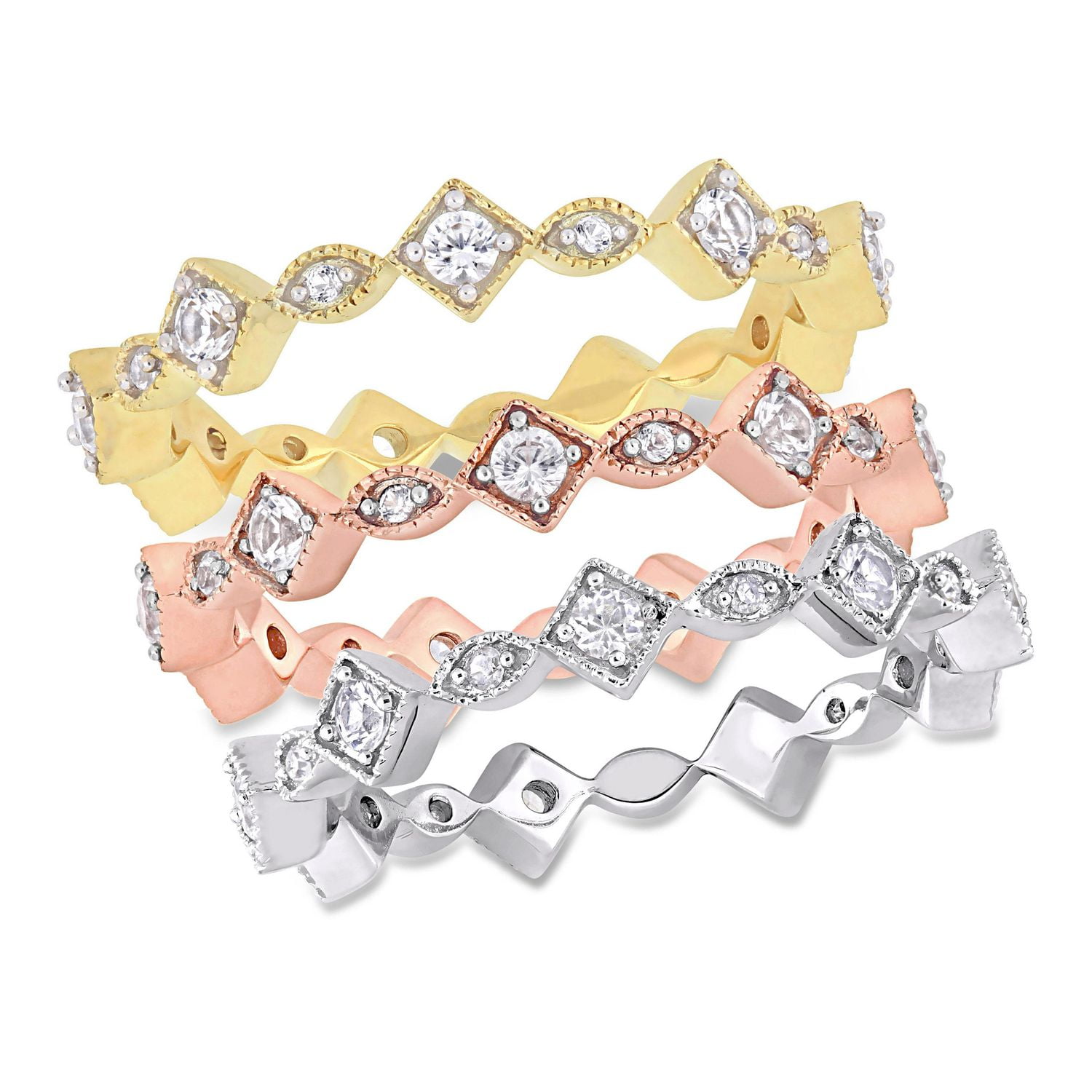 Miabella 3-Piece Set 1-5/8 Carat T.G.W. Created White Sapphire 10K Three-Tone Gold Stackable Anniversary Rings