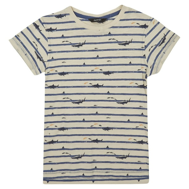 T-shirt rayé bleu et blanc avec imprimé de requin George British Design pour garçons