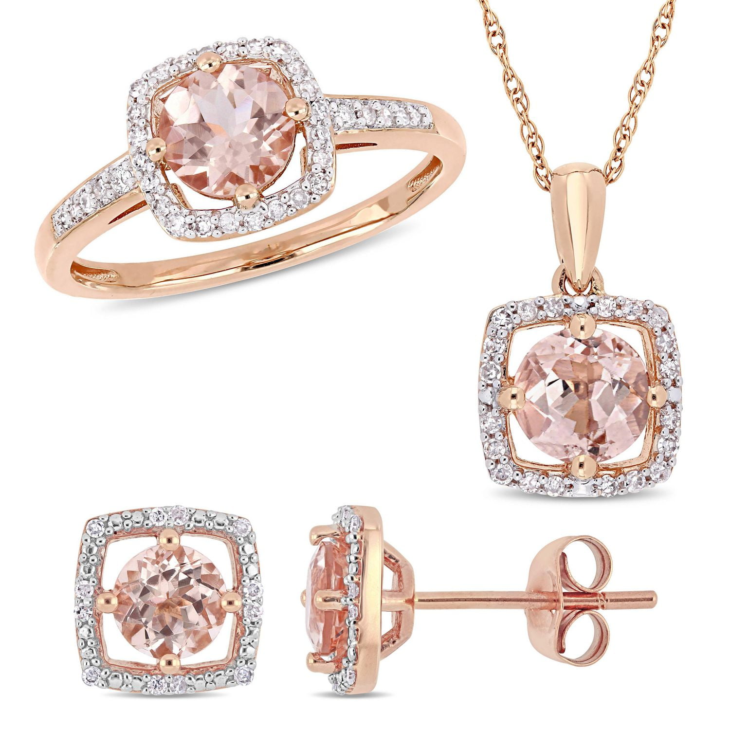 Miabella 3-Piece Set 2-5/8 Carat T.G.W. Morganite and 1/3 Carat T.W. Diamond 10K Rose Gold Square Halo Earrings, Necklace and Ring