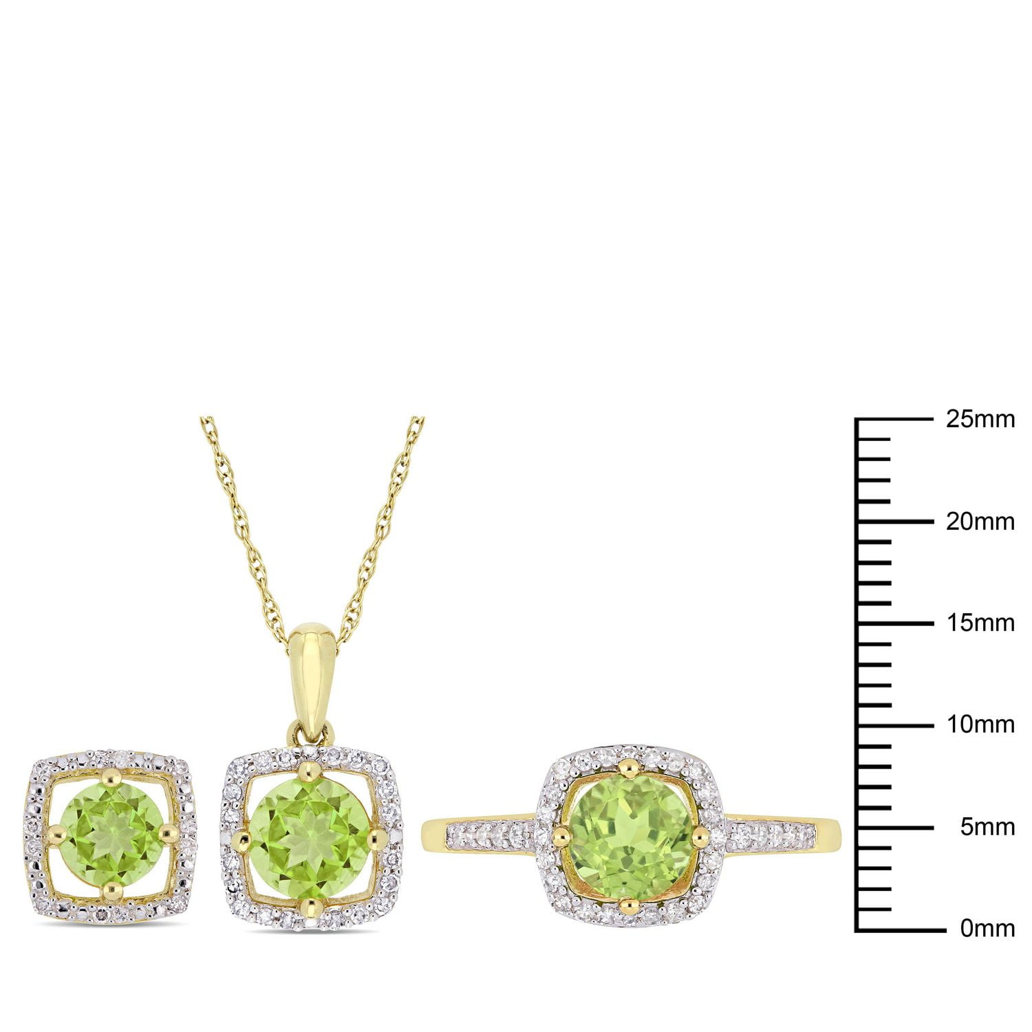 Miabella 3-Piece Set 2-7/8 Carat T.G.W. Peridot and 1/3 Carat T.W. Diamond 10K Yellow Gold Square Halo Earrings, Necklace and Ring