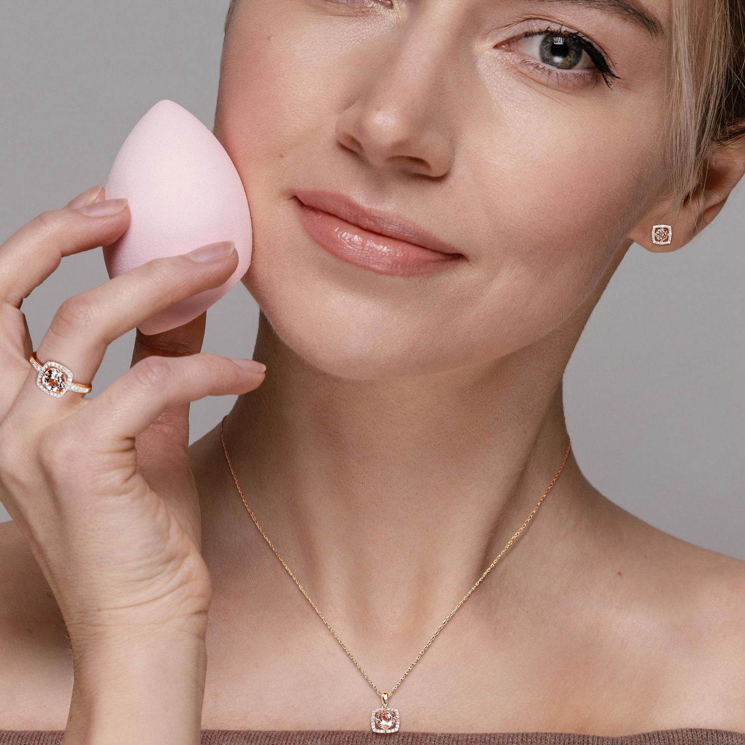 Miabella 3-Piece Set 2-5/8 Carat T.G.W. Morganite and 1/3 Carat T.W. Diamond 10K Rose Gold Square Halo Earrings, Necklace and Ring