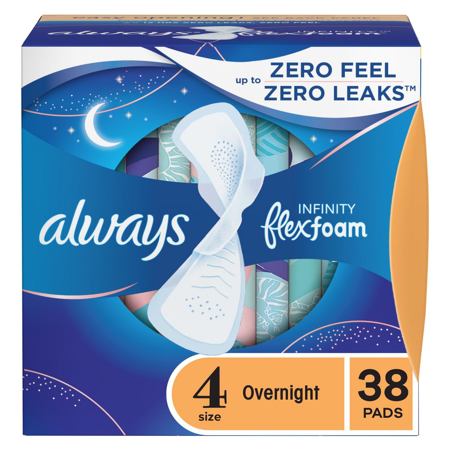 Always Radiant FlexFoam Pads for Women, Size 4, Overnight Absorbency, 100%  Leak & Odor Free Protection is possible, with Wings, Scented, Scented, 20