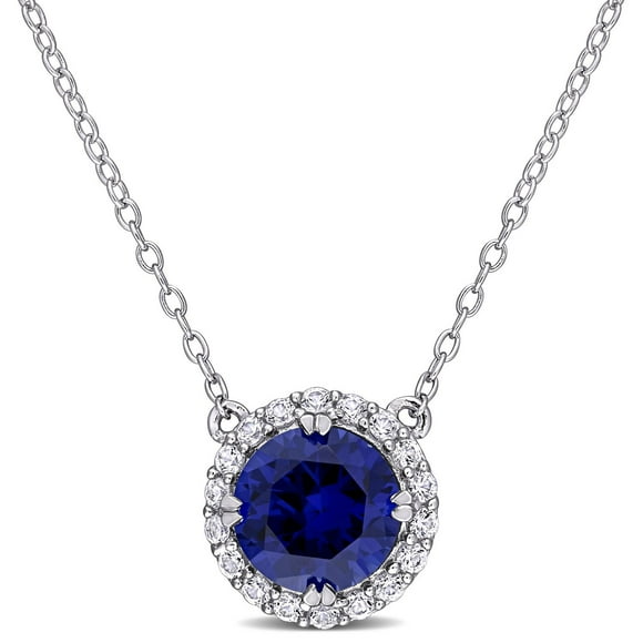 Miabella 2-3/4 Carat T.G.W. Created Blue Sapphire and Created White Sapphire Sterling Silver Halo Necklace