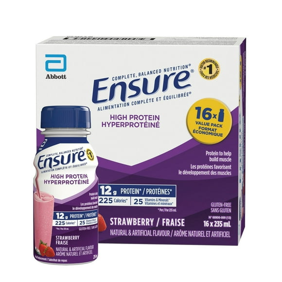 Ensure High Protein 12 g, Meal Replacement Shakes Value Pack, Protein Shakes With Protein To Help Build Muscle, Strawberry, 16 x 235-mL Bottles, 16 x 235 mL