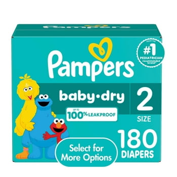 Pampers Baby Dry Diapers, Size 2, 12-18 lbs, Absorbent Disposable Diapers, 180CT