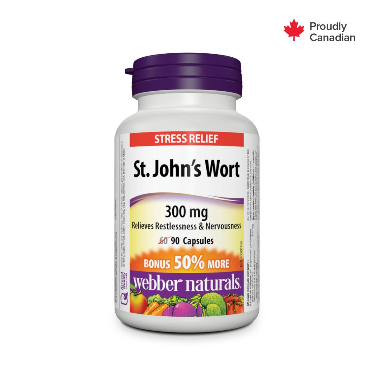 Webber Naturals® St. John’s Wort, 300 Mg. Front-facing bottle of St. John’s Wort capsules showing label; 300 mg extract per capsule standardized to 0.3% hypericin (900 mcg). Often used as herbal support for nervousness and sleep.