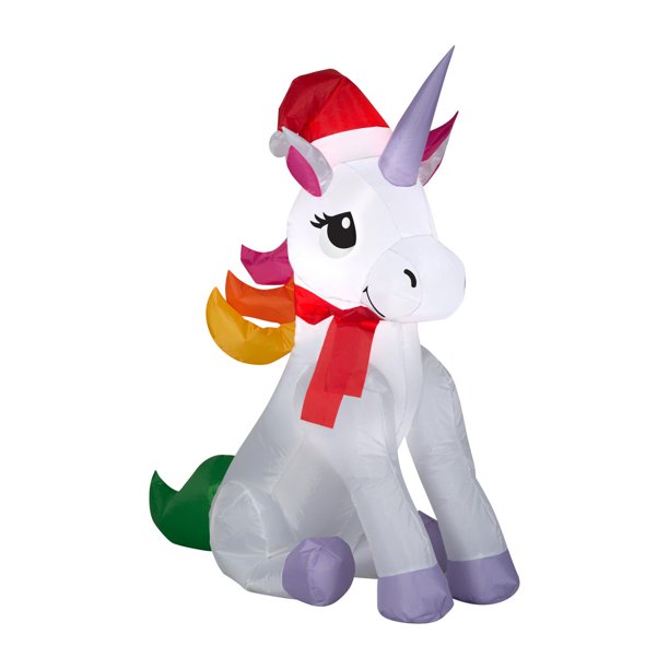 Airblown Inflatable Rainbow Unicorn 3.5 ft tall Sitting Down Wearing