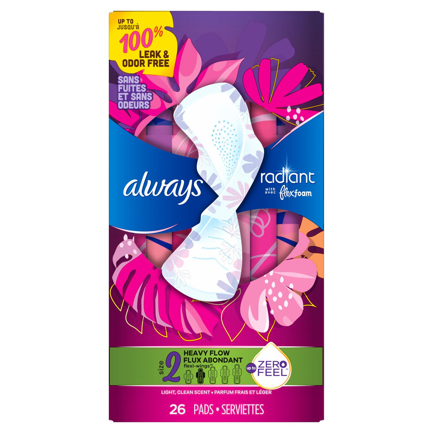  Always Radiant Feminine Pads For Women, Size 2 Heavy Flow  Absorbency, With Flexfoam, With Wings, Scented, 26 Count : Health &  Household