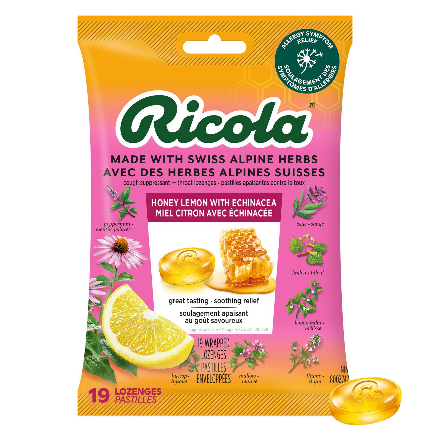 Ricola Honey Lemon with Echinacea Menthol Cough Drops, 19 Count