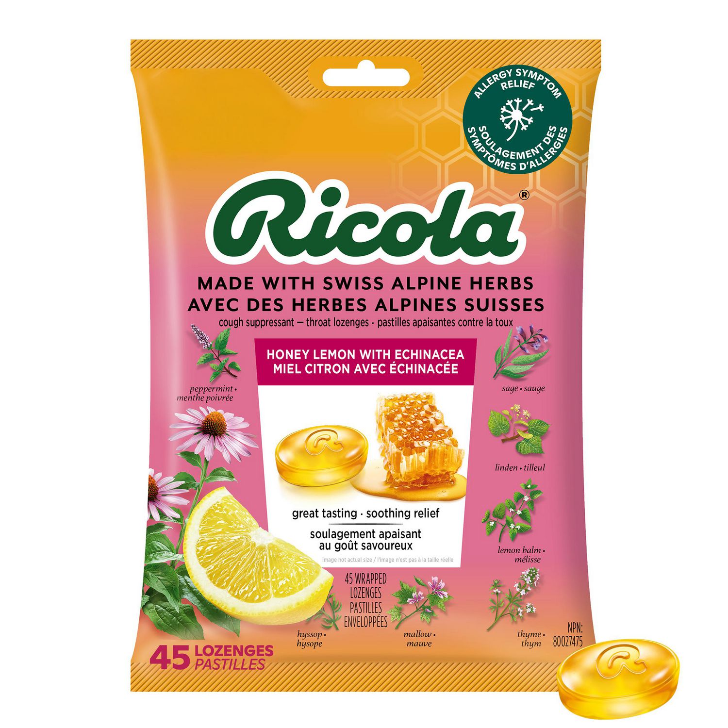 Ricola Honey Lemon with Echinacea Menthol Cough Drops, 45 Count