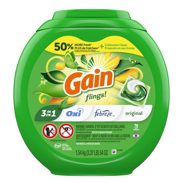 Gain flings Laundry Detergent Soap Pacs, HE Compatible, Long Lasting Scent, Original Scent, 76CT