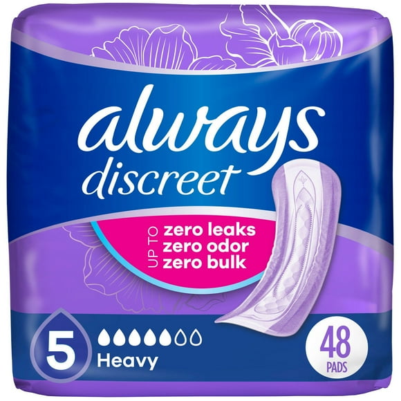 Always Discreet Adult Incontinence Pads for Women, Heavy Absorbency, Regular Length, Postpartum Pads, 48CT