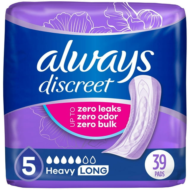 Always Discreet Adult Incontinence Pads for Women, Heavy Absorbency, Long Length, Postpartum Pads