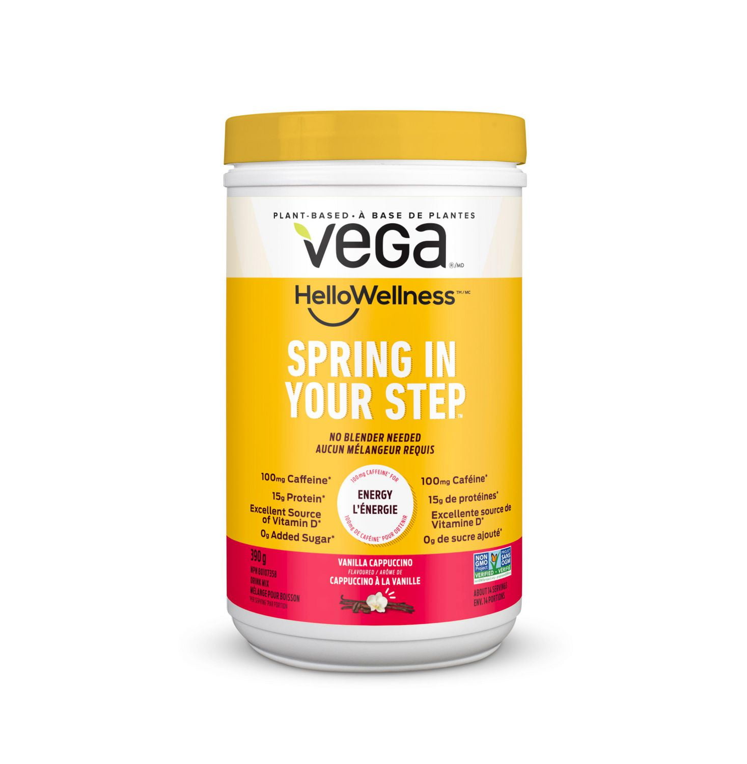 Vega Hello Wellness Spring In Your Step Protein Powder Vanilla Cappuccino, Small Tub (14 Servings) 390g