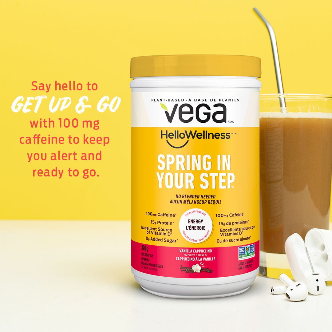 Vega Hello Wellness Spring In Your Step Protein Powder Vanilla Cappuccino, Small Tub (14 Servings) 390g