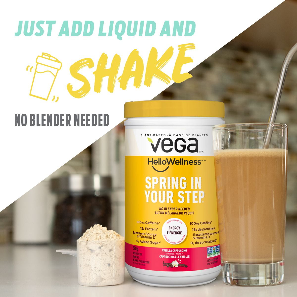 Vega Hello Wellness Spring In Your Step Protein Powder Vanilla Cappuccino, Small Tub (14 Servings) 390g