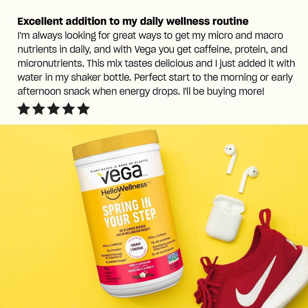 Vega Hello Wellness Spring In Your Step Protein Powder Vanilla Cappuccino, Small Tub (14 Servings) 390g