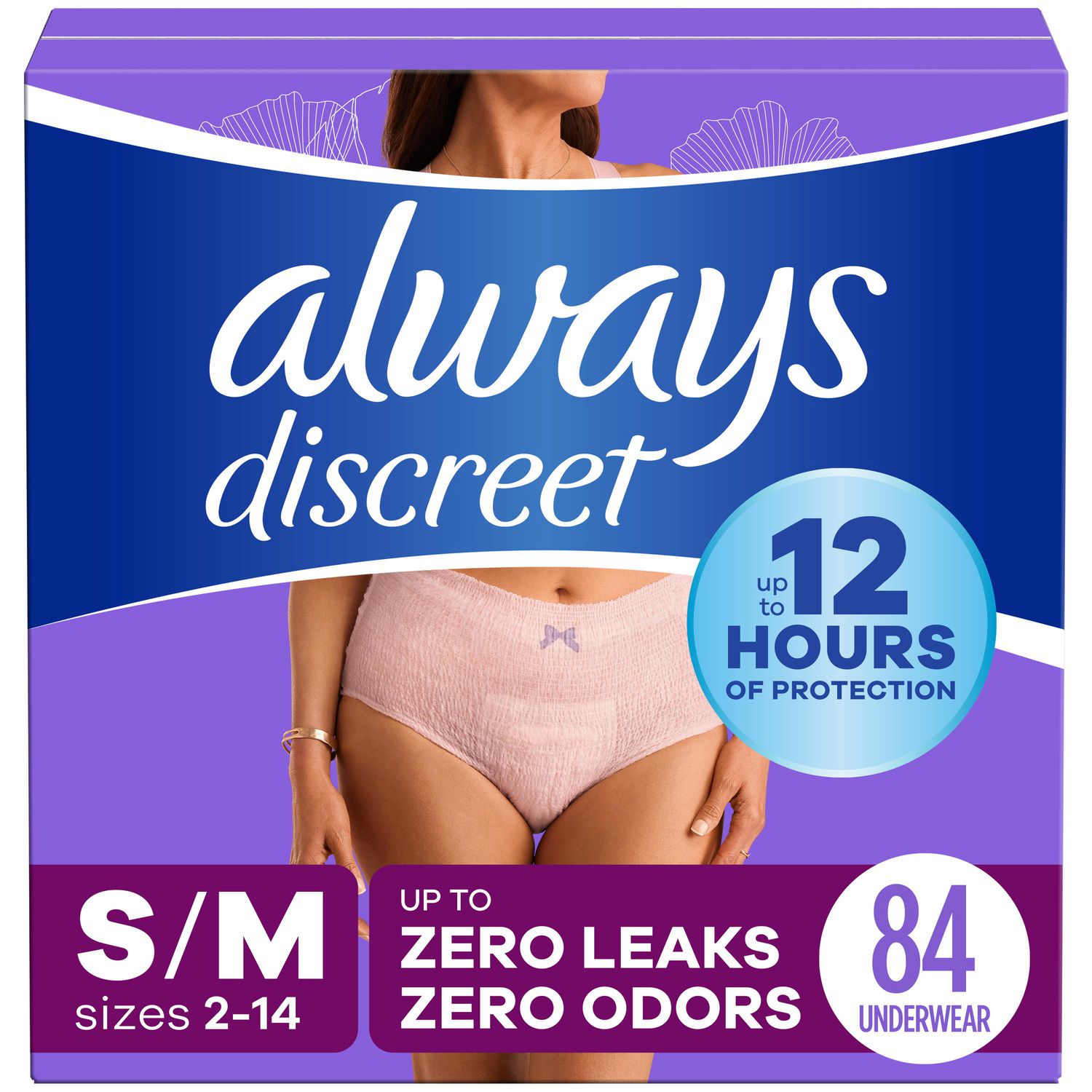 Culottes d’incontinence et de post-partum pour adultes Always Discreet, protègent jusqu’à 100% contre les fuites urinaires, pour femmes, taille P/M, 84 culottes