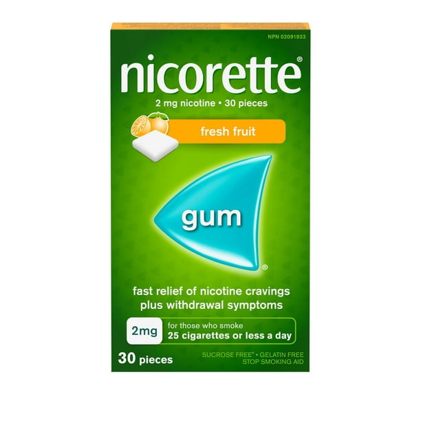 Nicorette Gomme à 2 mg de nicotine, saveur de fruit frais, aide antitabagique, aide pour cesser de fumer 30 morceaux
