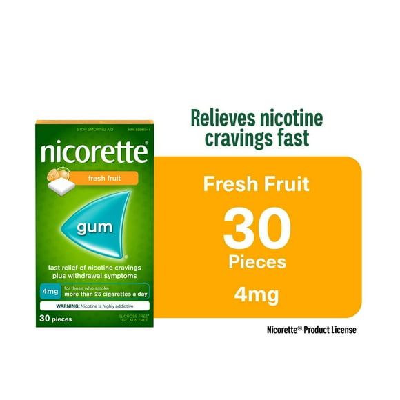 Nicorette Gum, Nicotine 4mg, Fresh Fruit Flavour, Quit Smoking Aid and Smoking Cessation Aid, 30 pieces