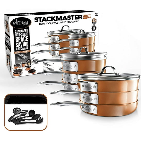 Gotham Steel Ensemble de casseroles et poêles Stackmaster | Batterie de cuisine antiadhésive empilable 15 pièces peu encombrante, passe au four et au lave-vaisselle