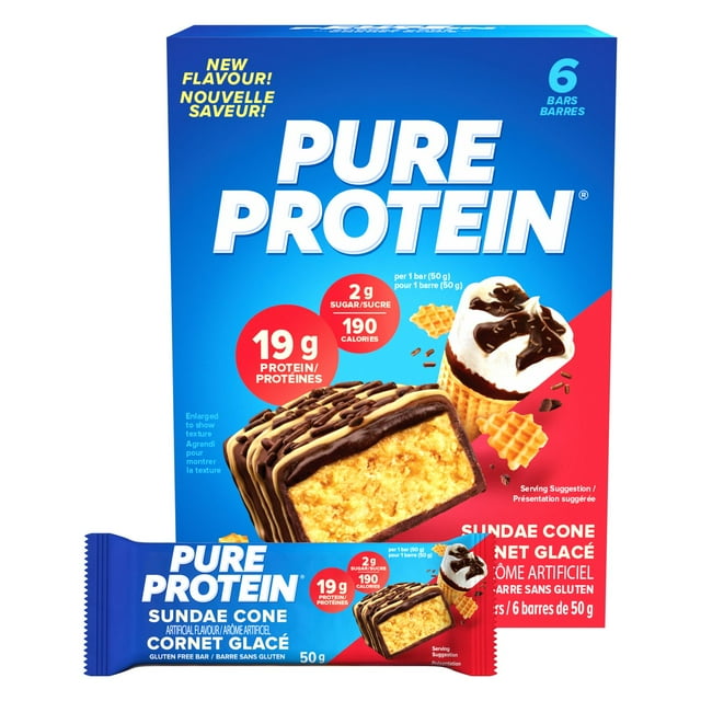 Pure Protein Sundae Cone Bars - High Protein, Low Sugar Snack with Whey Blend, Gluten Free, Made in Canada, 6 x 50 g