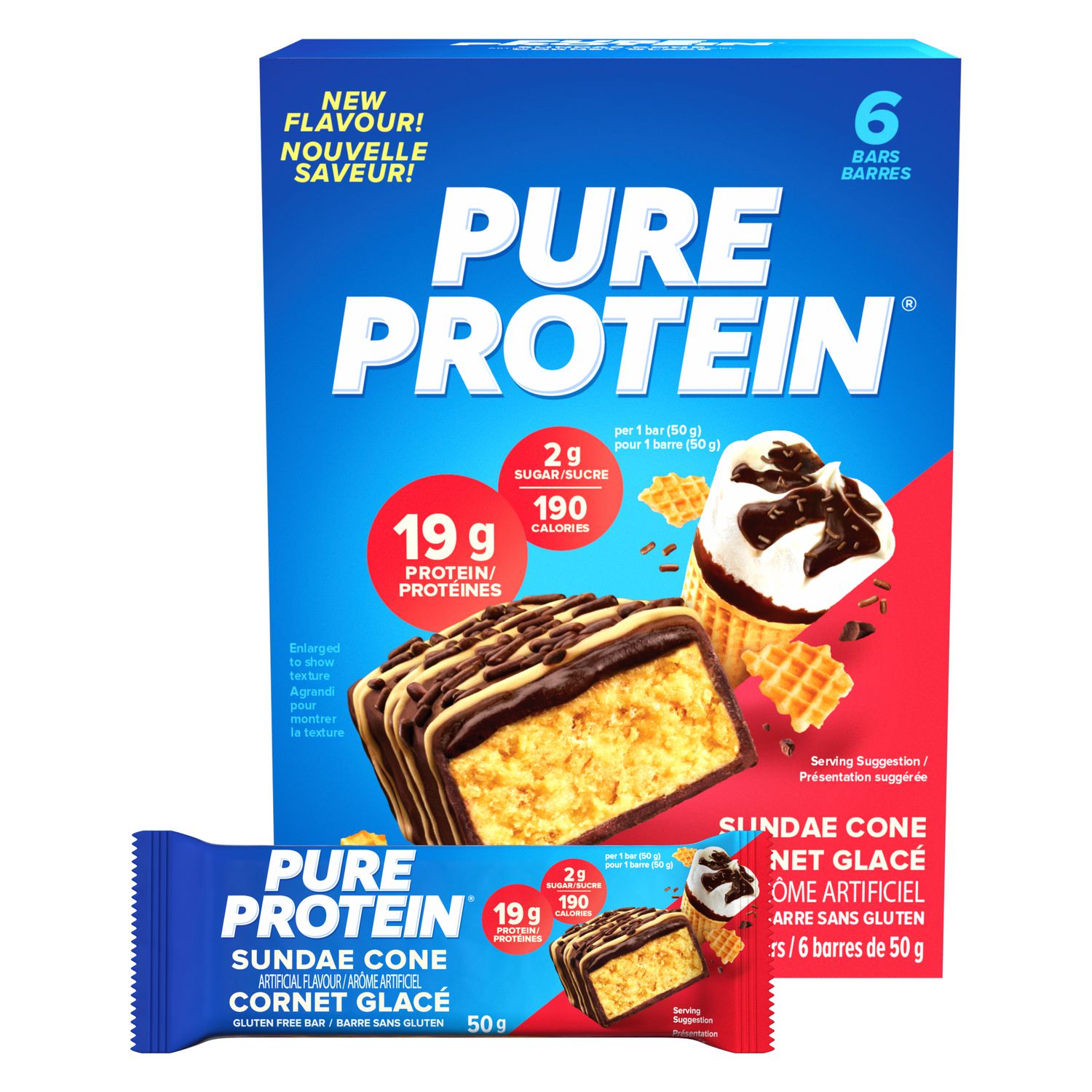Pure Protein Sundae Cone Bars - High Protein, Low Sugar Snack with Whey Blend, Gluten Free, Made in Canada, 6 x 50 g
