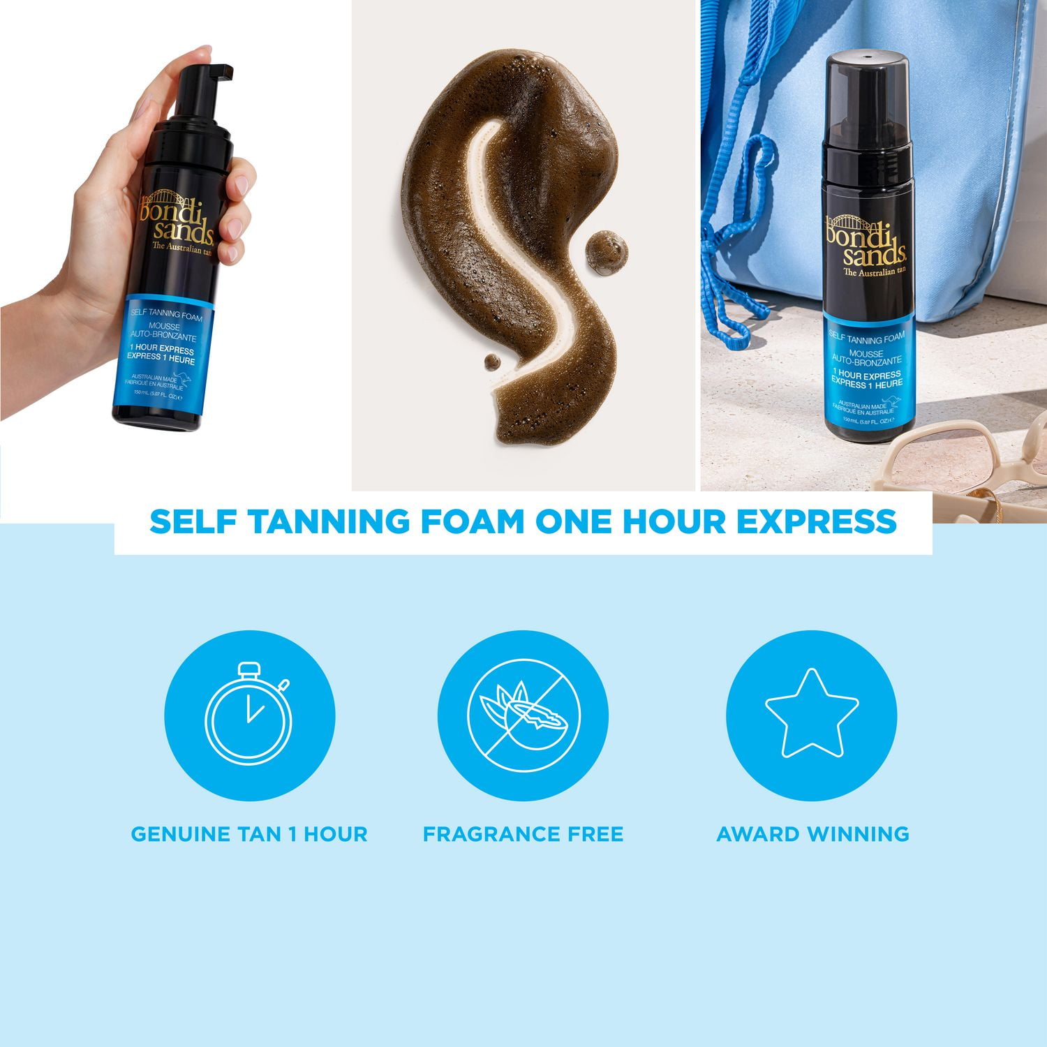 Bondi Sands Self Tanning Foam One Hour Express, Lightweight, Fragrance Free, Streak-Free Tan, 150 mL, Express | 150mL