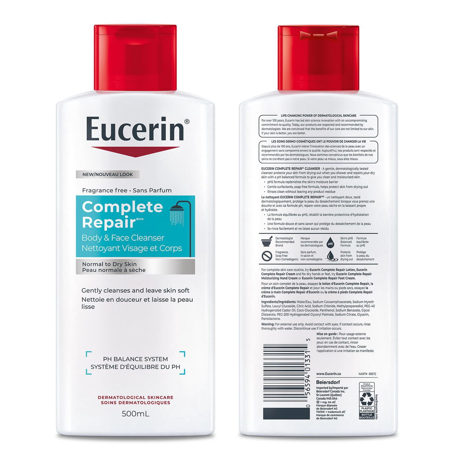 Eucerin Complete Repair Body and Face Cleanser for Dry Skin, Fragrance Free and Soap Free Body Wash, 500 mL