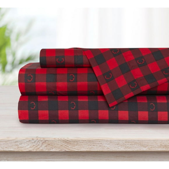 Safdie & Co. Premium Ultra Soft Bedding Printed Sheet Set 4PC Double Buffalo Plaid With Deer Antlers
