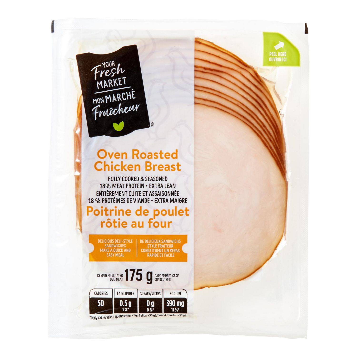 Mon marché fraîcheur Poitrine de Poulet Rôtie au Four, 175 g, Tranchée. Entièrement Cuite, Tranches de Poulet Style charcuterie Extra-Légères Rôties au Four en Emballage Réfrigéré; Sans Arômes Ni Colorants Artificiels; Fait au Canada avec des Ingrédients Nationaux et Importés. Convient aux sandwiches Ou aux Planches de charcuterie.