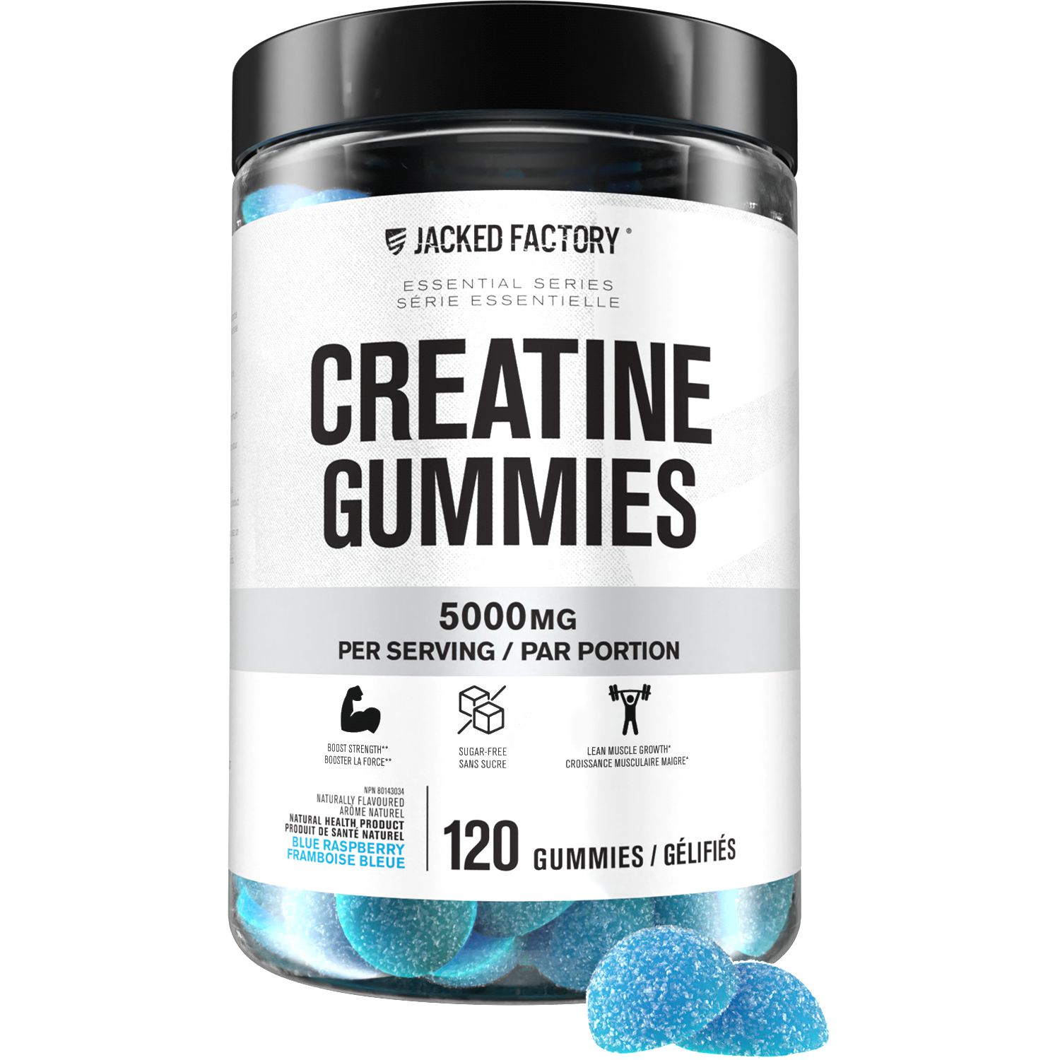 Gommes de Créatine 5 000 mg par Portion de Cinq Gommes, Bouteille Orientée vers l'Avant Montrant des Gommes à Mâcher et Étiquette de Produit; Formulé pour les Hommes et Femmes Actifs pour Soutenir la performance au gym et la Commodité Quotidienne de Développement Musculaire, Convient à la Supplémentation en Déplacement.