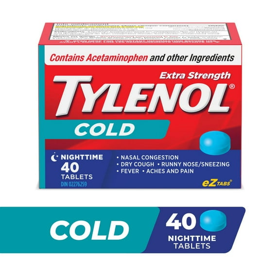 Tylenol Extra Stength Cold eZ Tabs, Relieves Cold symptoms, Nighttime, 40 Count