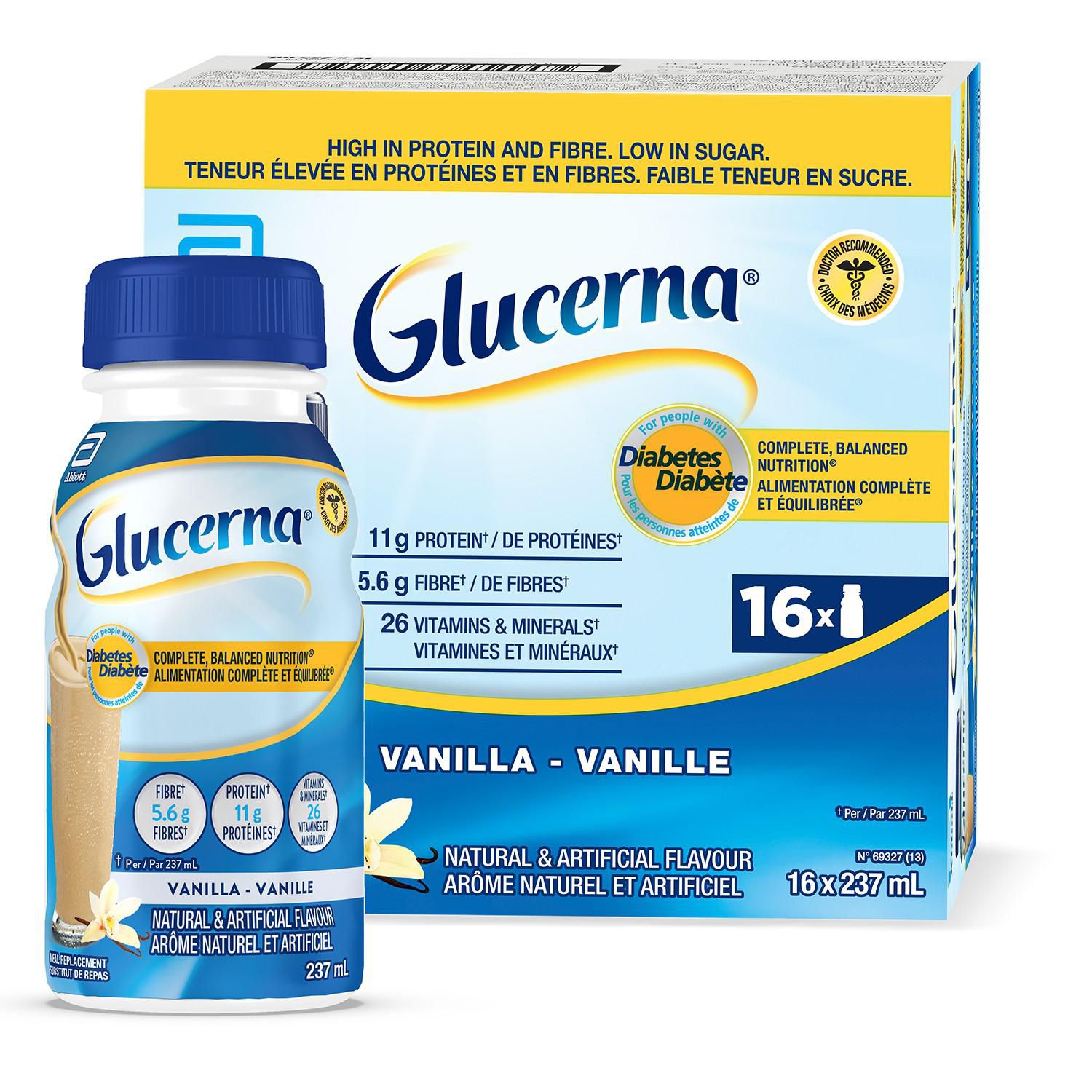 Glucerna Nutritional Drink, Meal Replacement Shakes, Complete, Balanced Nutrition For People With Diabetes, Vanilla, 16 x 237-mL Bottles