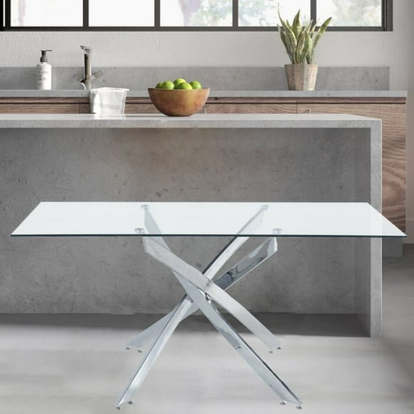 Corey Dining Table in Chrome, Rectangle Dining Table, Glass Dining Table, Modern Rectangle Dining Table, Kitchen Dining Table with Tempered Glass, Rectangular Dining Table with Polished Stainless Steel Chrome Base