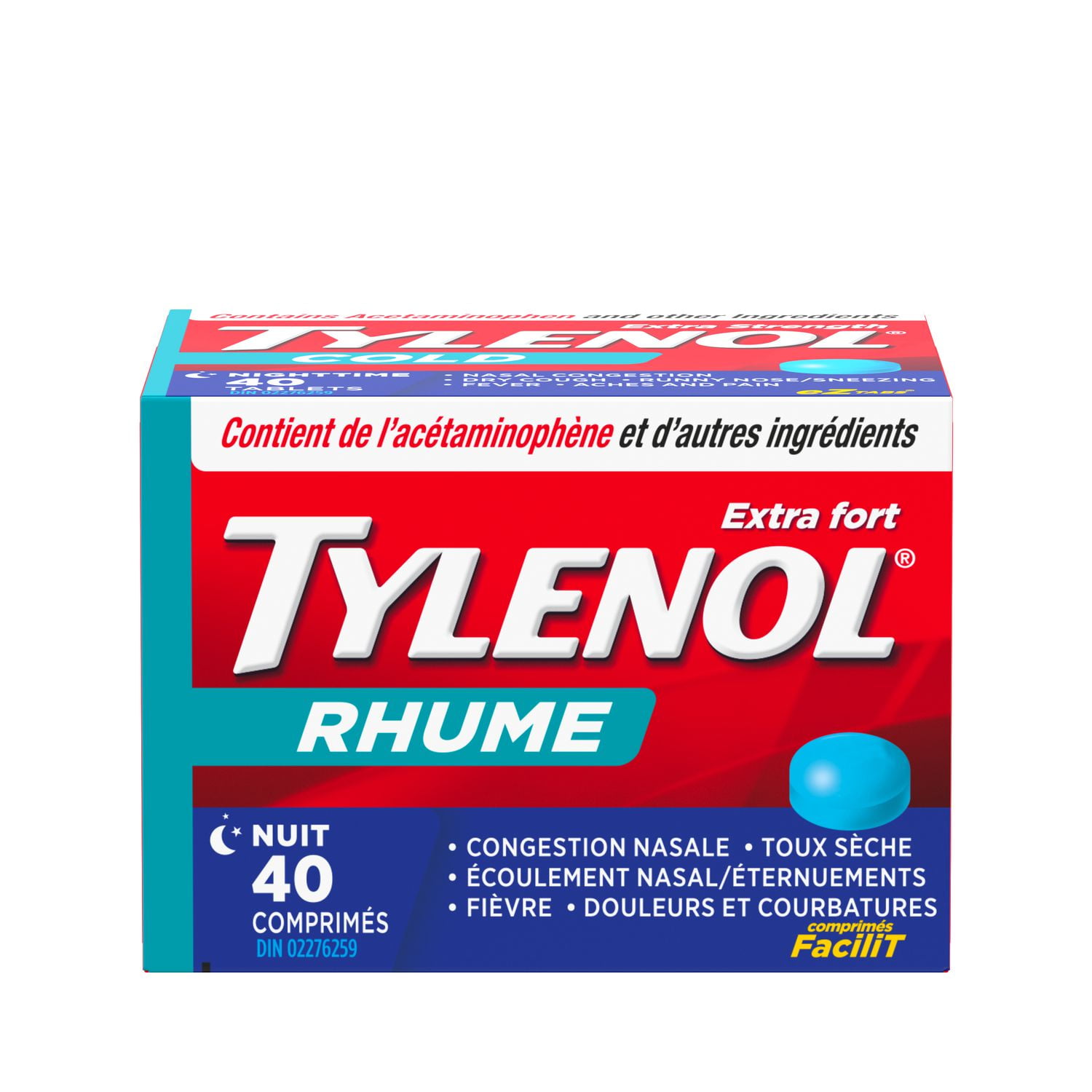 Tylenol Extra fort, Rhume, Nuit, soulage les symptômes de rhume 40 comprimés
