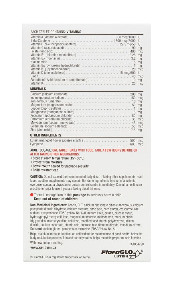 Supplément complet de vitamines et de minéraux multiples Forte Essentiels de Centrum pour adultes