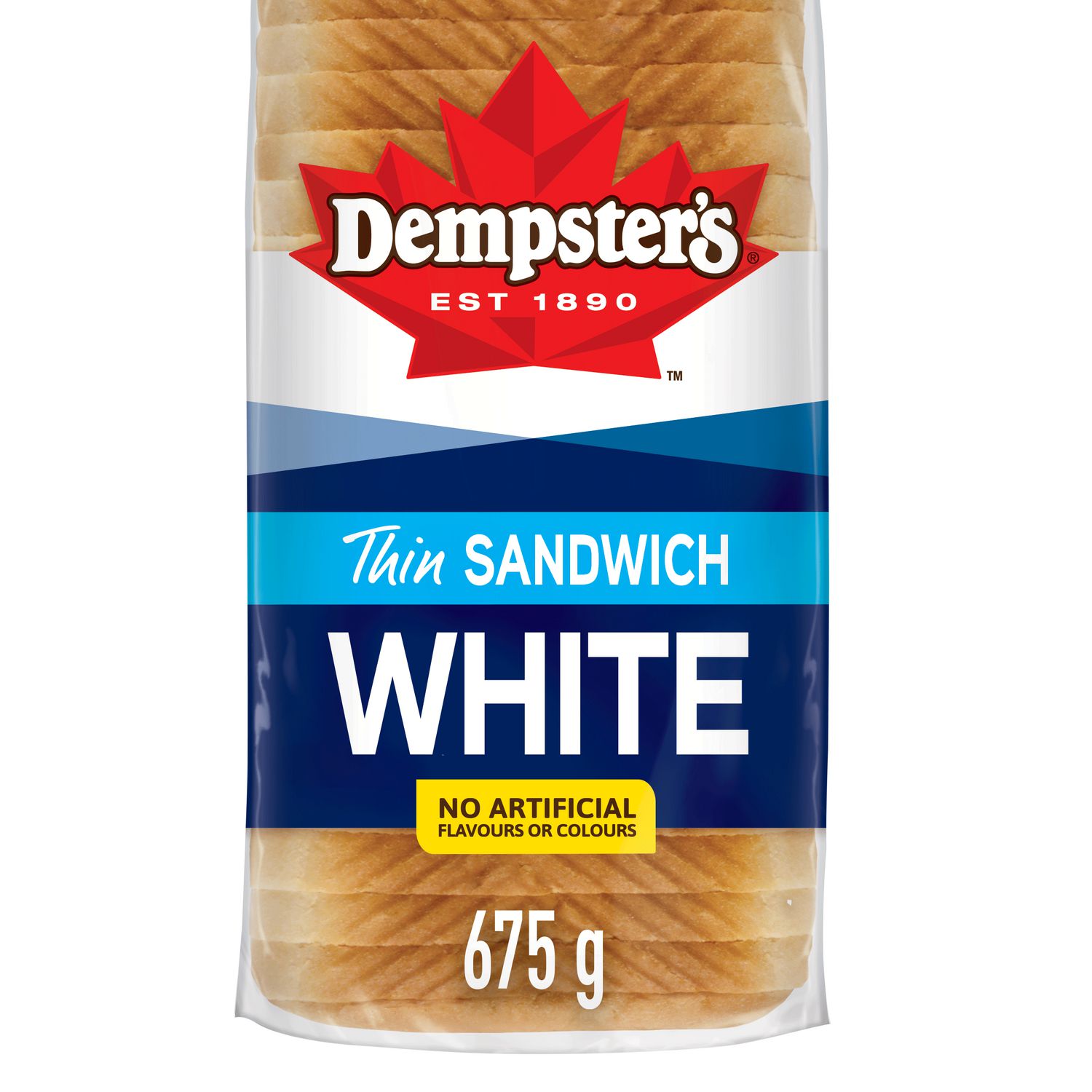 Dempster's® Sandwich Mince Blanc Tranché Pain Vue Frontale d'Un Pain Blanc Tranché Mince en Plastique Transparent de Marque avec le logo de Dempster's visible; texture Douce Tranchée Montrée, Cuit au Canada Sans Arômes Ni Colorants Artificiels, Idéal pour les sandwiches Ou le Grillage et Souvent Utilisé pour les sandwiches aux Doigts Lors des Rassemblements.