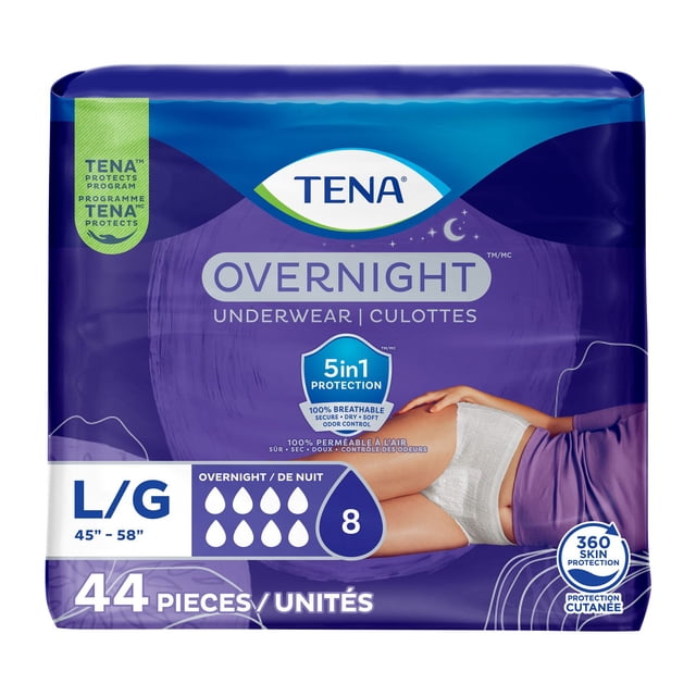 TENA Incontinence Underwear for Women, Postpartum and Bladder Control, Overnight Absorbency, Large, 44 Count.