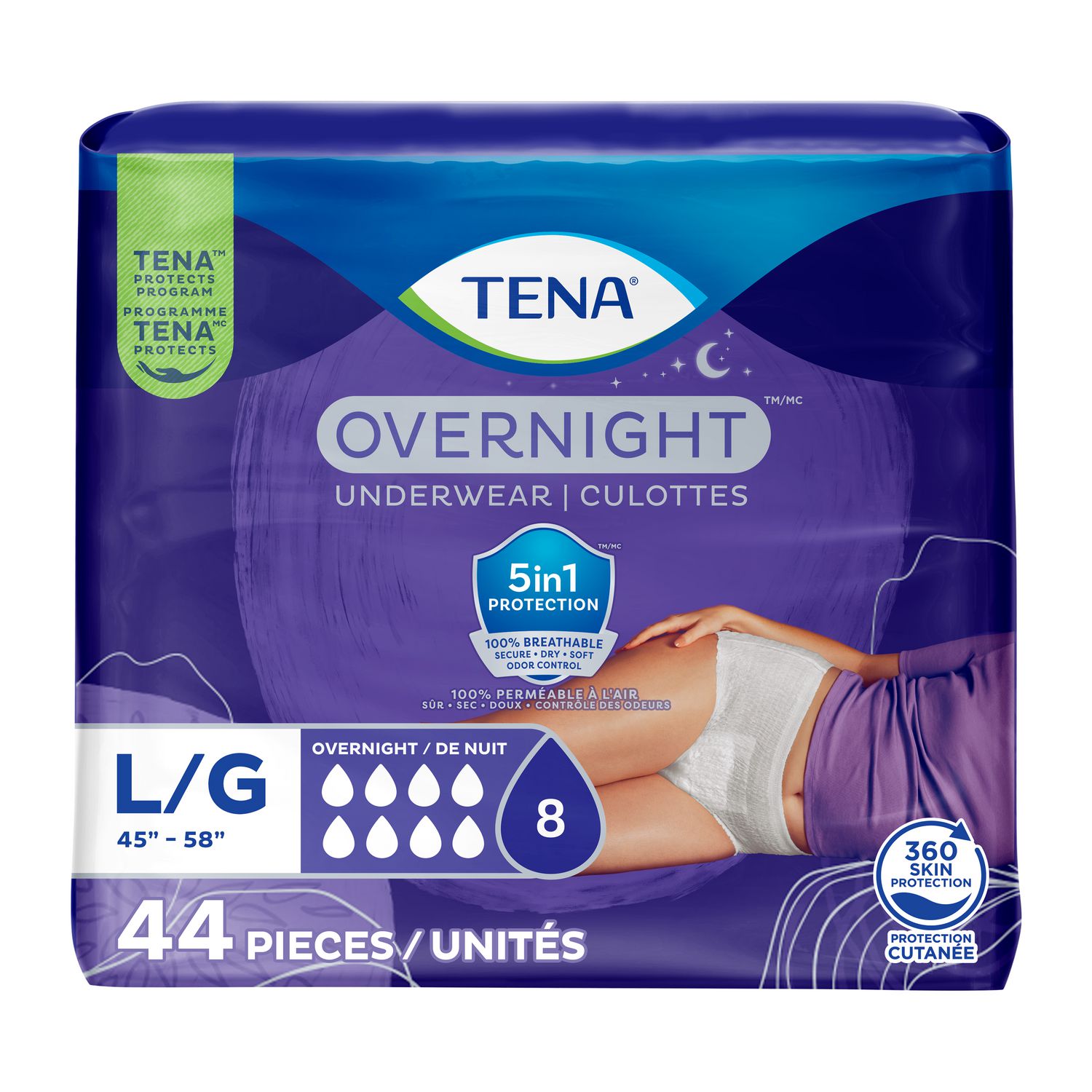 TENA Incontinence Underwear for Women, Postpartum and Bladder Control, Overnight Absorbency, Large, 44 Count. Front-facing retail pack of 44 large overnight pull-up underwear showing waist elastic and leg cuffs; 100% breathable material with secure barrier system and lie-down protection for overnight leak, odor and moisture control; plain studio background; often used for overnight travel.